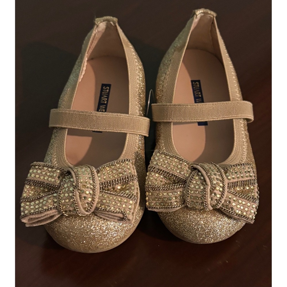 Stuart Weitzman Infant Toddler Girls 5 Gold Sparkle Fabric Ballet FlatBow